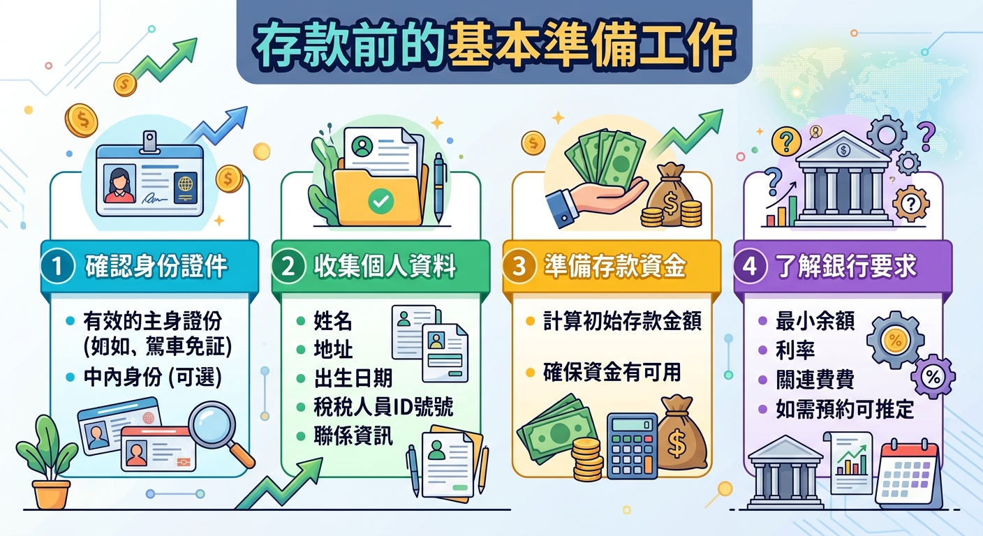 這張圖以簡潔明瞭的四個步驟,詳細介紹了在銀行開戶或辦理存款手續前所需的各項基本準備工作。 內容涵蓋確認個人身份證件、收集個人詳細資料、準備初始存款資金,以及事先瞭解銀行的相關規範與要求。