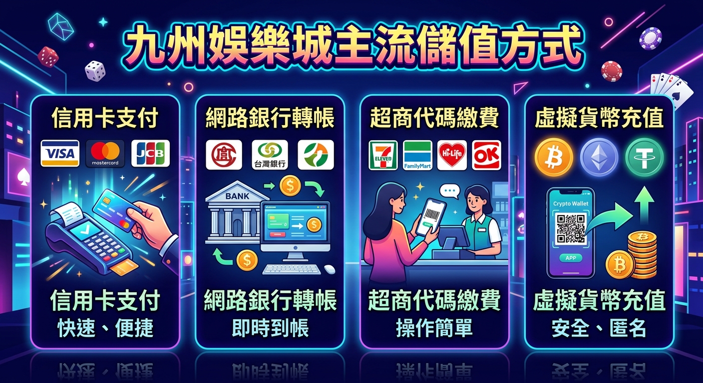 這張圖片展現了亮麗的霓虹夜城風格,上方標有醒目的標題「九州娛樂城主流儲值方式」。 畫面下方分為四個圖卡,分別透過圖示呈現信用卡、網路銀行、超商代碼與虛擬貨幣等儲值管道。
